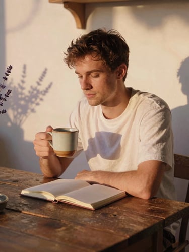 Jan sitting at a rustic wooden table in warm golden-hour light, holding a ceramic mug, a notebook open in front of him, soft shadows of lavender on the wall behind.