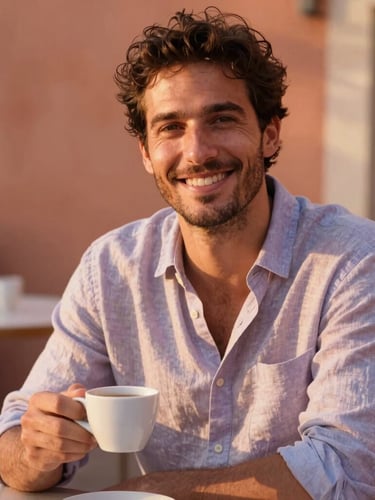 Portrait of Jan, a warm and friendly man in his 30s, wearing a relaxed linen shirt, sitting outdoors at a terrace in the Provence, smiling genuinely, holding a coffee cup, soft golden hour sunlight, warm terracotta tones, shallow depth of field