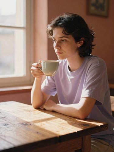 A warm, sun-drenched photo of Jan sitting at a rustic wooden table in a light-filled room, holding a ceramic coffee mug, soft window light, terracotta tones, 35mm film look.