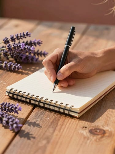 An environmental portrait of Jan writing in a notebook on a rustic wooden table, soft golden hour sunlight casting shadows of lavender flowers, warm terracotta tones.