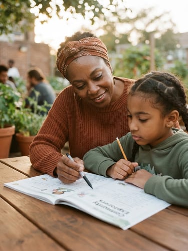 A warm, candid photo of a local mentor guiding a young student over a workbook, natural golden-hour daylight, rich earthy tones, 35mm