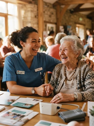 A warm, candid medium shot of a local nurse laughing with an elderly woman during a health workshop in a sunlit community room, rich earthy tones, 35mm