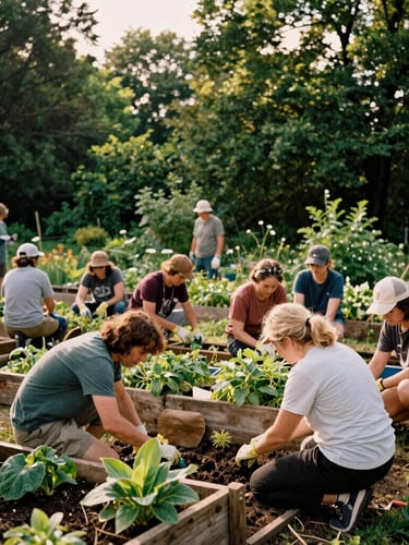 A warm, candid wide shot of community members working together to build a neighborhood learning garden, natural sunlight, rich forest green tones, 35mm