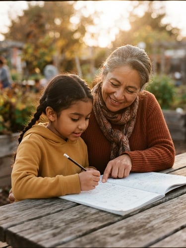 A warm candid portrait of a local mentor guiding a young student over a workbook, natural golden-hour daylight, rich earthy tones, 35mm