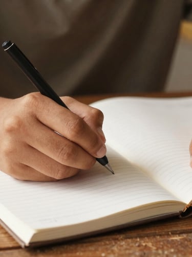 Candid close-up of a student's hands carefully writing in a brand new notebook, warm natural daylight, rich earthy tones, 35mm.