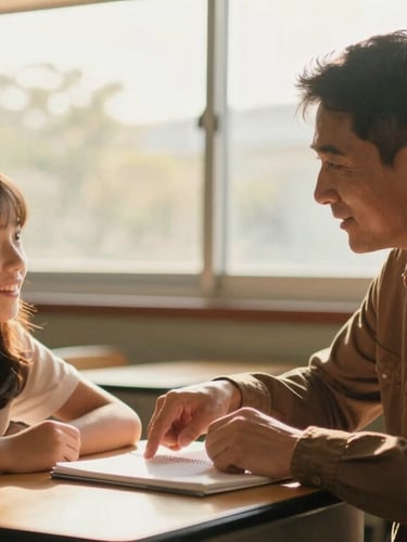 A warm, candid shot of a mentor pointing to a notebook while a young student smiles, natural golden-hour light flooding through a classroom window, 35mm.