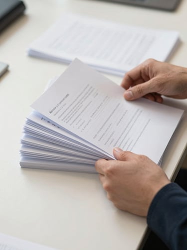 Close-up of hands sorting printed documents on a flat organized desk under bright flat north-facing daylight, papers fanned out with handwritten margin notes visible, no people's faces, clean cream surface