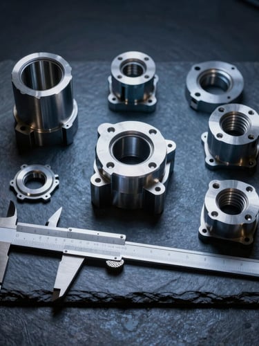 Overhead knolling of machined mechanical components and calipers on a dark slate workbench, cool blue backlighting, sharp technical photography