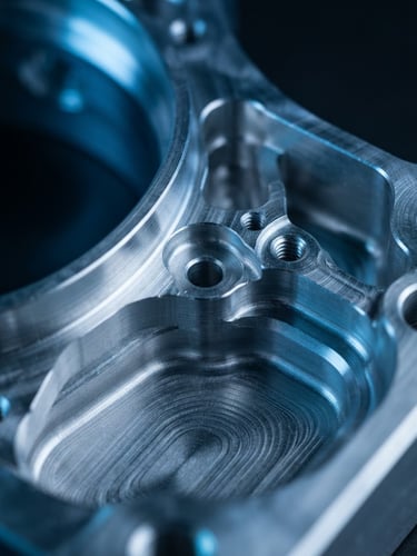 Extreme close-up of a CNC machined billet aluminum aerospace component, cool blue backlighting, sharp metallic edges, macro lens, 35mm