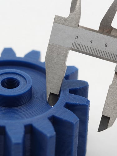 Macro close-up of a dark blue PETG 3D printed prototype gear, showing clean FDM layer lines, measured by steel calipers, cool technical studio lighting