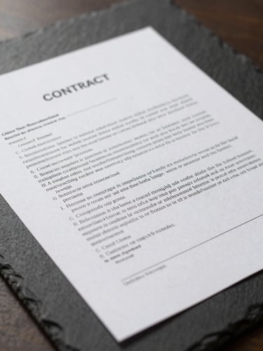Close-up macro shot of a printed contract document on a dark slate table, sharp focus on legal text, natural side lighting, minimal aesthetic.