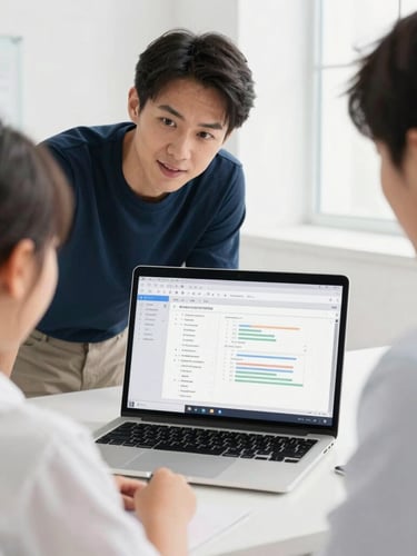 A medium close-up of an approachable instructor guiding a student, looking at a clean laptop screen showing an AI-assisted workflow, bright daylight, modern workspace.