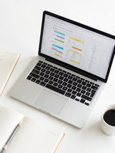 A clean overhead flat-lay of a modern workspace with a laptop showing a structured workflow diagram, a notebook with handwritten steps, and a cup of coffee under bright natural daylight.