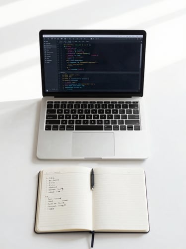 A clean overhead flat-lay of a modern workspace, a laptop displaying structured code, a notebook with handwritten notes, soft natural morning daylight.