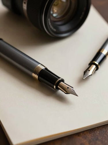 A close-up of a tailored charcoal cuff and a fountain pen resting on heavy cream paper, low-key lighting, soft shadows