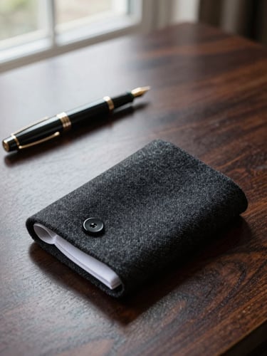 A close-up of a tailored charcoal wool cuff resting on a dark mahogany desk next to a heavy fountain pen, soft natural light from a high window.