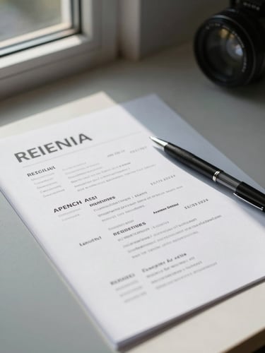 Close-up of a printed resume on a clean desk, a pen resting diagonally across the page, natural window light from the left casting soft shadows, cool daylight, no people visible