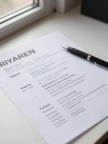 Close-up of a printed resume on a clean desk surface, natural window light from the left, a pen resting diagonally across the page, paper texture visible, no face or person in frame