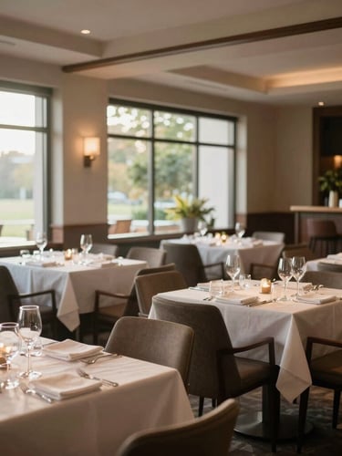 Wide environmental shot of a beautifully prepared, empty restaurant dining room in the morning, soft warm natural daylight streaming through large windows, crisp linens and polished glassware on tables, editorial composition.