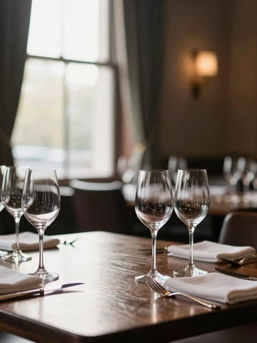 Warm morning sunlight filtering through a tall window onto an empty, beautifully prepared restaurant dining room. Pristine wine glasses and heavy silver cutlery arranged precisely on a dark wood table. Soft focus background, elegant hospitality atmosphere.