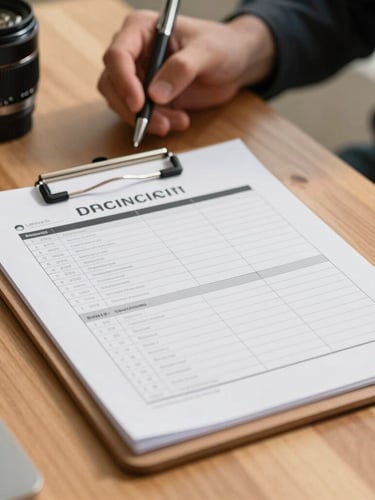 A close-up of a clipboard with a structured operational checklist resting on a clean wooden prep table, warm natural daylight, hands holding a pen in the background