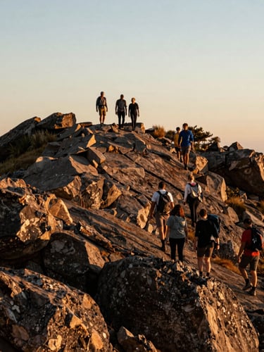 Wide environmental shot of a diverse group of hikers walking along a rocky ridge in Montserrat at golden hour, soft light, rich earthy tones