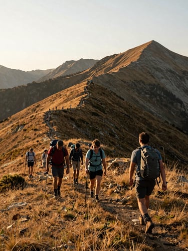 Wide environmental shot of a diverse group of hikers walking along a grassy ridge in the Pyrenees during golden hour, soft natural light, warm earthy tones