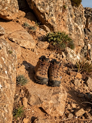 Close-up of worn hiking boots on a rocky mountain path in Catalonia, wild herbs and dry earth visible, warm sun-baked clay tones, natural daylight
