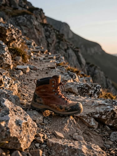 Close-up of worn leather hiking boots stepping on a rugged, rocky mountain trail, dramatic steep slope in the background under soft afternoon light
