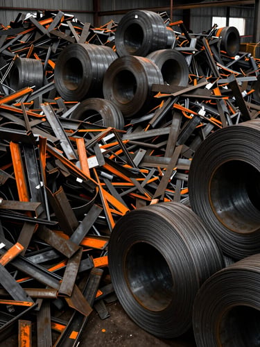 Wide shot of a massive pile of sorted industrial metal scrap in a factory yard, harsh industrial lighting, deep charcoal tones, 35mm gritty photography. To the right, a close-up of finished, tightly wound rolled steel coils, sharp details, high contrast.