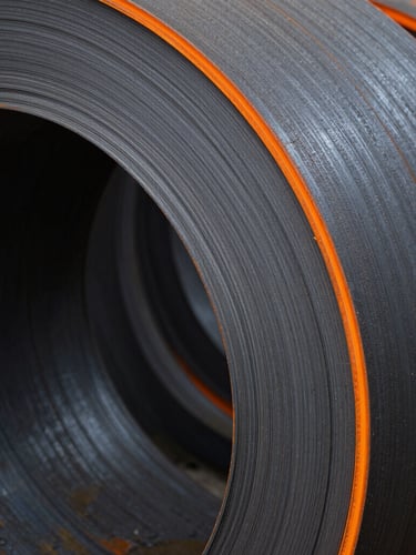 Close-up, detailed shot of a finished rolled steel coil, sharp edges, industrial textures, high contrast, 35mm