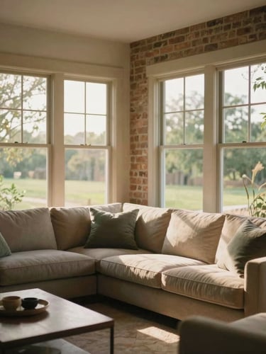 Sunlit modern living room with warm brick accents and large windows looking out to Texas greenery, soft daylight, elegant Lora aesthetic.