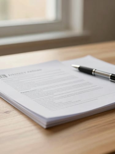 Close-up of clean, organized real estate paperwork and a pen resting on a light oak table, soft morning window light, shallow depth of field.