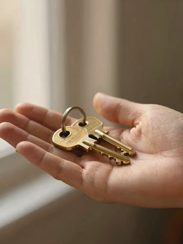 A warm, close-up shot of brass house keys resting in an open palm, soft golden-hour light, shallow depth of field.