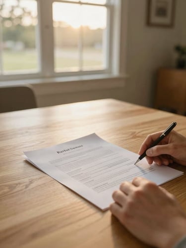 Close-up of hands reviewing clean real estate paperwork on a light oak table, sunlit North Texas home interior, soft golden-hour light