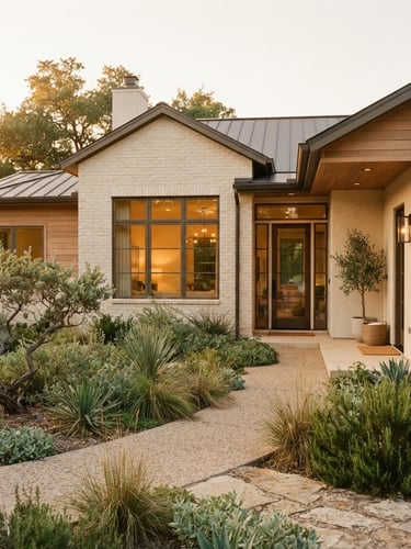 Sunlit North Texas home exterior with clean architectural lines, warm golden-hour window light, soft brick facade, muted sage landscaping, 35mm photography