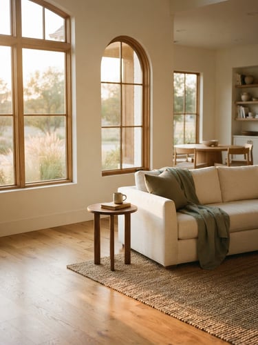 A bright sunlit North Texas home interior with soft golden-hour window light reflecting on warm wooden floors, minimalist elegant styling, 35mm photography.