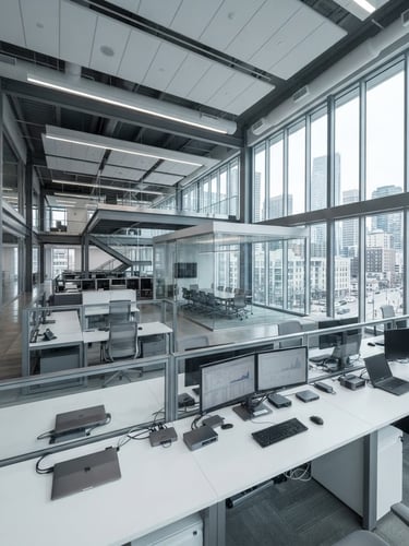 Wide panoramic view of a modern, clean corporate office interior, focusing on abstract architectural lines of glass and steel, bright neutral daylight, cool desaturated tones, sharp focus, 35mm. No people visible, only technology on desks.