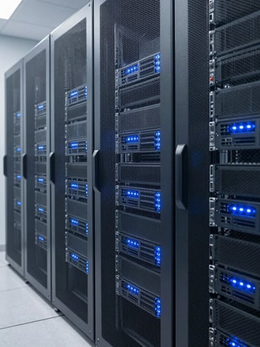 Wide shot of a modern, clean server room with glowing blue lights, focus on data racks, cool desaturated tones, bright neutral daylight, sharp focus, 35mm
