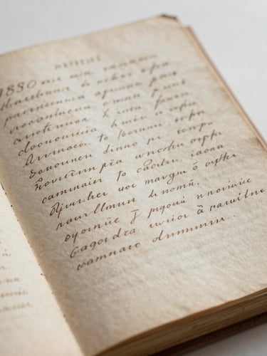 archival documentary photography, soft natural library light, close up of old handwritten Romanian manuscript journal from 1980s on aged paper, sepia tones