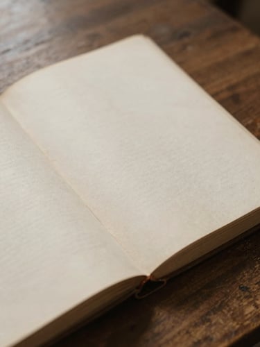 archival documentary photography of a vintage open manuscript on a wooden table, soft natural library light, sepia tones, 35mm