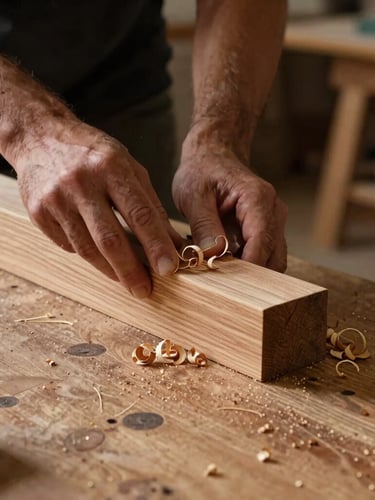 A master craftsman hand-planing a solid oak joint on a heavy wooden workbench, fine wood shavings curling in the air, low-key dramatic workshop side-lighting illuminating the grain.