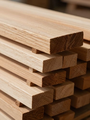 Close-up macro shot of raw seasoned walnut timber slabs stacked in a workshop, dramatic natural side-lighting highlighting the intricate growth rings and rich organic grain textures.