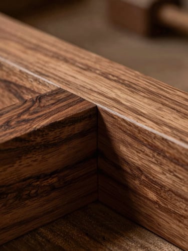 Close-up of interlocking mortise and tenon wood joint in seasoned walnut, dramatic side-lighting highlighting the rich organic grain, shallow depth of field, warm tactile photography.