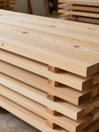 Wide panoramic view of raw seasoned timber slabs stacked neatly in an architectural workshop, soft natural daylight casting long shadows on the rough-cut oak textures.