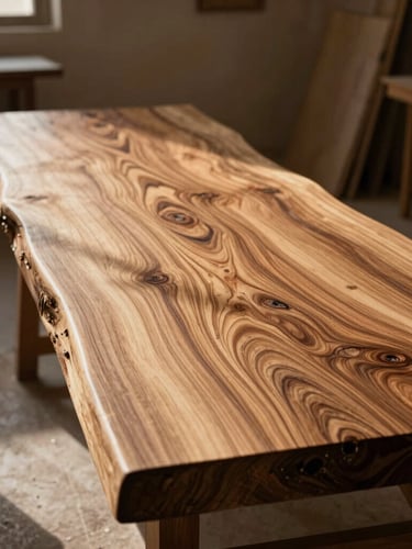 A massive raw walnut timber slab resting in a sunlit Riyadh workshop, dramatic side-lighting highlighting rich organic wood grain, minimal architectural background, portrait aspect