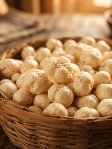 Pristine, oversized 6 Suta makhana in a hand-woven bamboo basket, close-up, natural golden-hour sunlight, rich earthy tones, shallow depth of field, 35mm