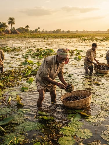 Wide shot of traditional Bihari farmers in shallow, sun-drenched wetlands, carefully harvesting makhana seeds from lily pads, rich earthy tones, natural golden-hour sunlight, 35mm lens.