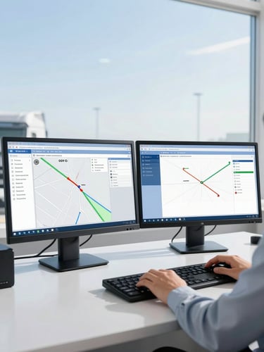 Close-up of a professional truck dispatcher working at a clean desk with dual monitors showing route logistics, bright natural daylight, clean blue tones