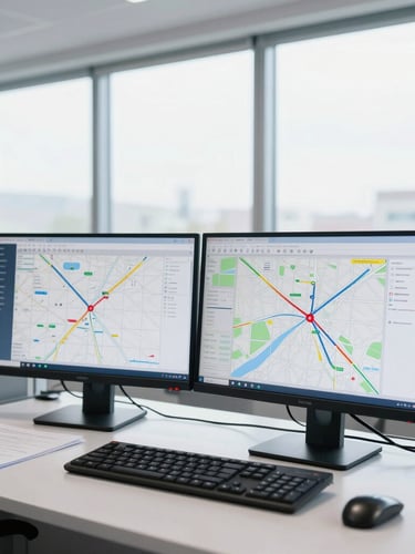 A clean, bright dispatch office environment with dual monitors displaying route maps, natural morning window light, highly professional and organized setup